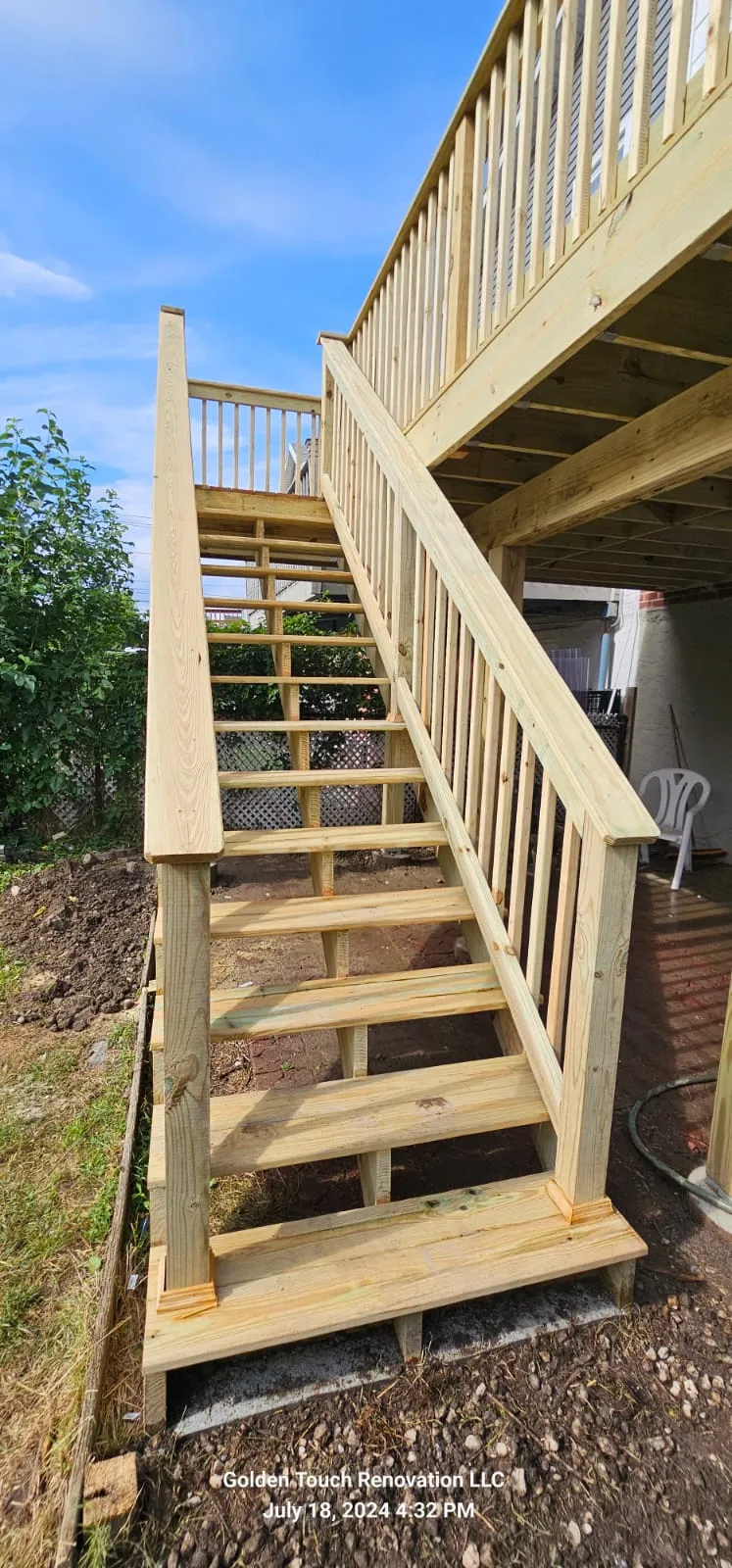 Outdoor deck installation with wooden flooring